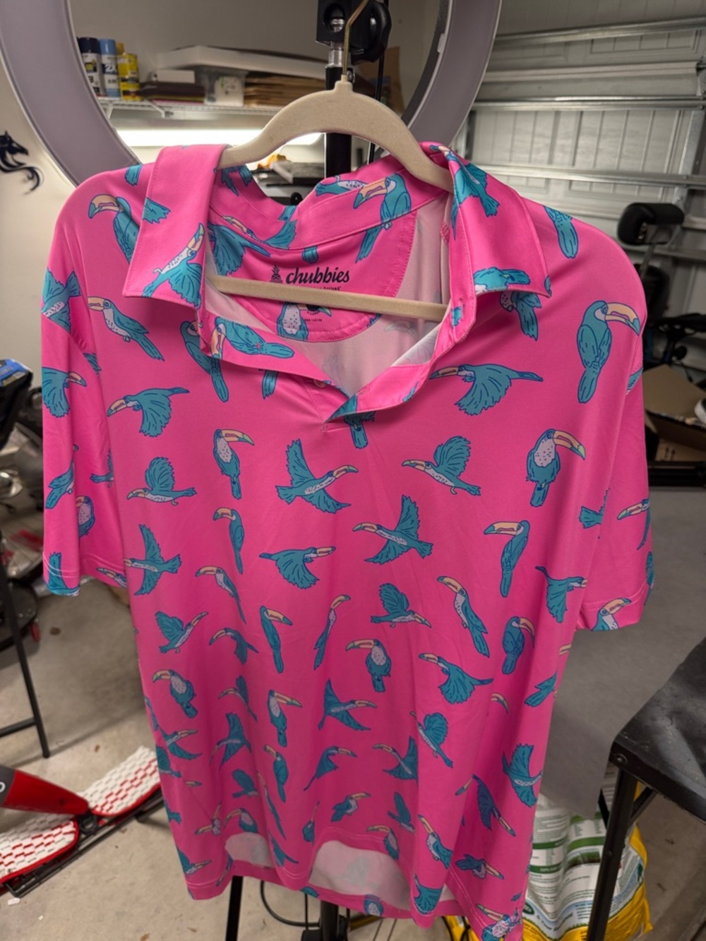 Chubbies Hot Pink Polo with Teal Toucan Print